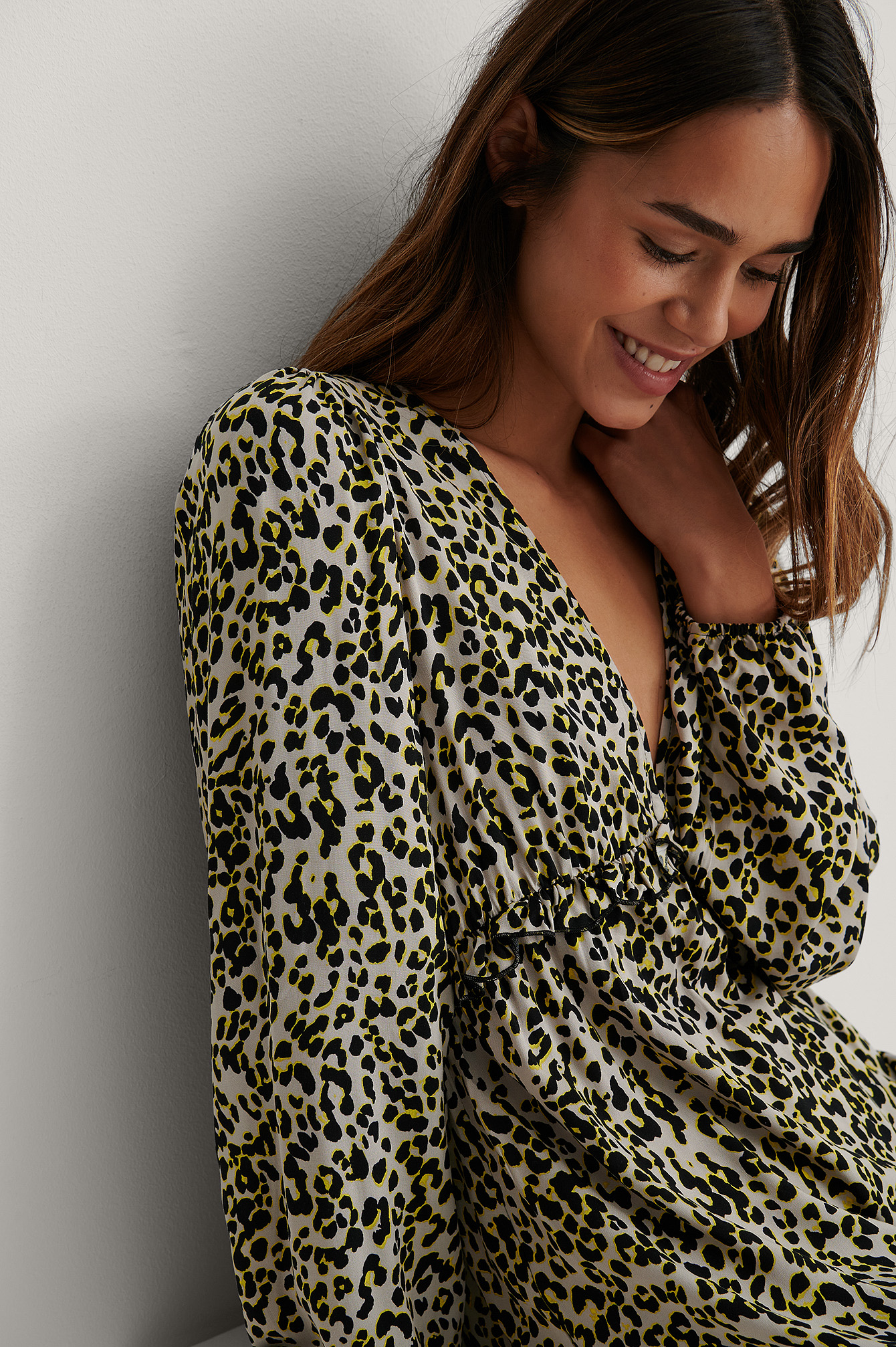 Long Sleeve V-neck Frill Dress Leopard ...